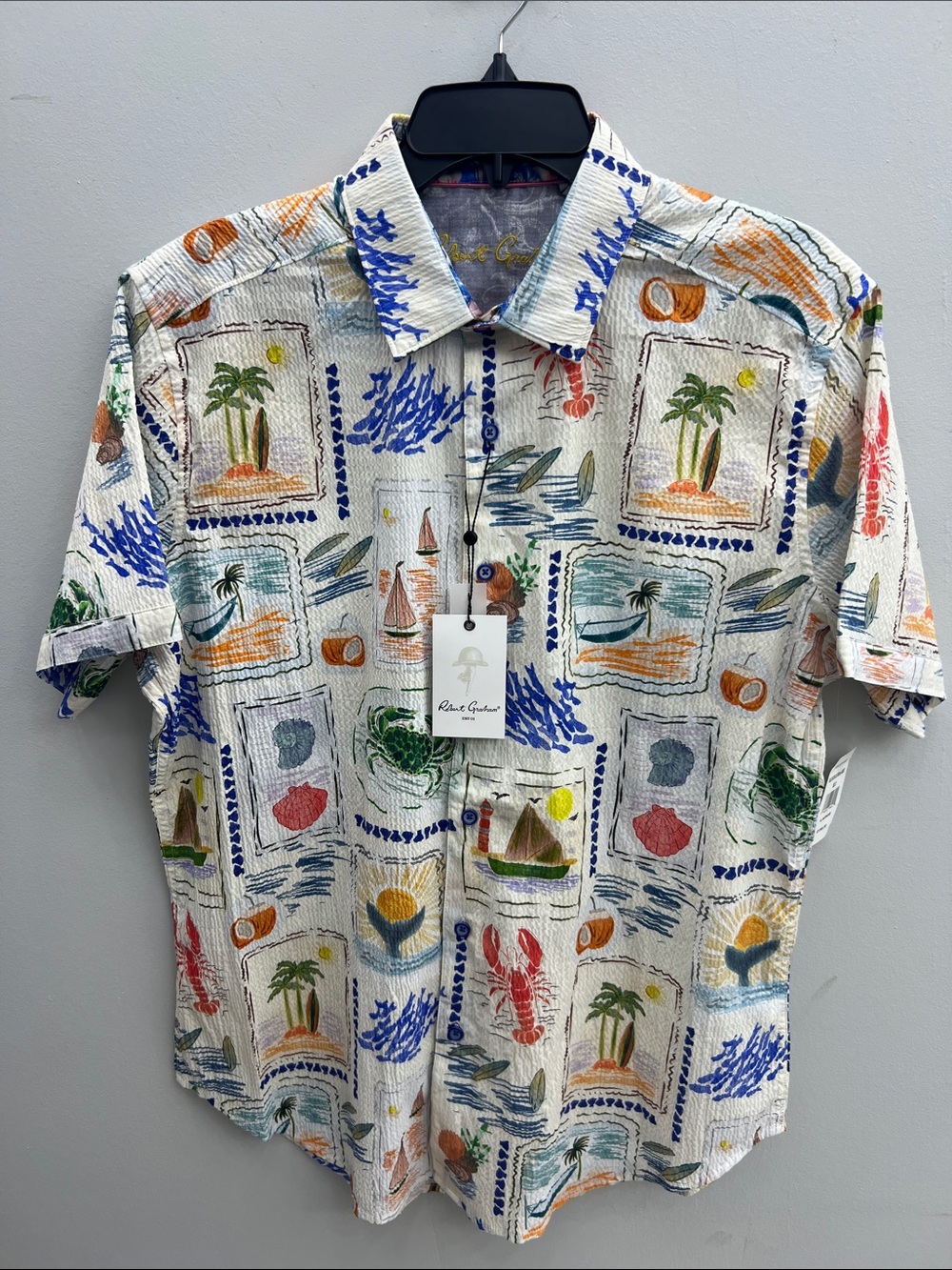 Robert Graham White Multi Tropical Motif Short-Sleeve Button-Down Shirt
